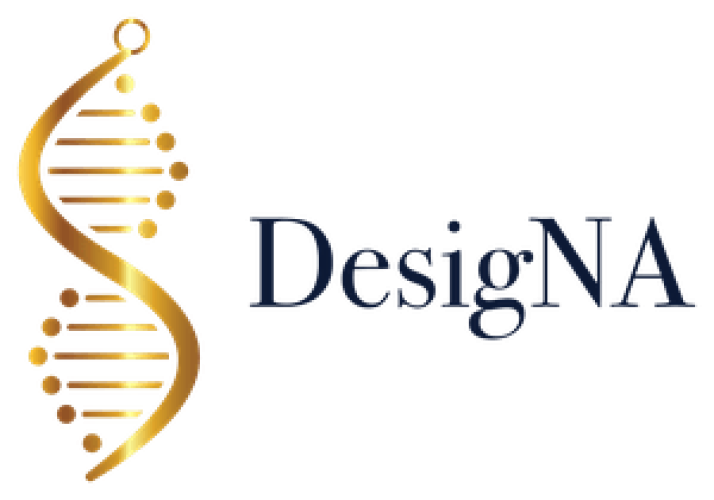 The DesigNA logo in navy and gold, the mark behind every DNA necklace